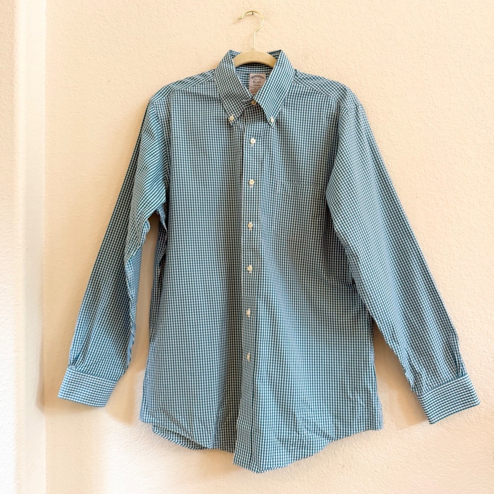 Brooks Brothers Regent Non-Iron Gingham Shirt Teal Green White 15.5-34 Mens L/S